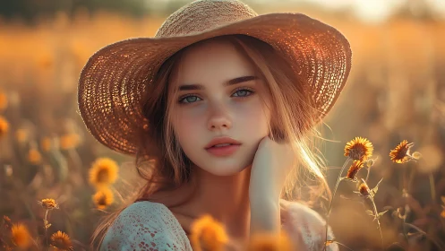 Sunlit field portrait of young woman in straw hat at golden hour