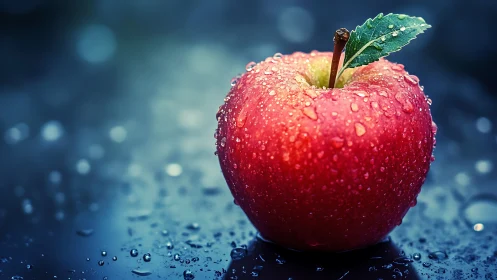 Red apple with water droplets on dark reflective surface.