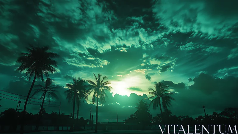 Dreamy teal sunset behind silhouetted tropical palms.
