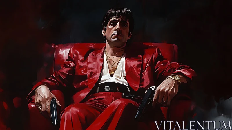 Crimson kingpin sinks into power on a velvet-red throne