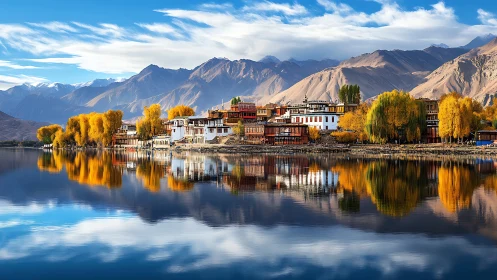 Golden lakeside village rests quietly beneath tall mountains