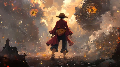 Straw-hatted figure stands before glowing machines in ruins