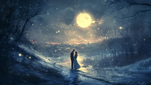 Couple embracing beneath full moon in snowy riverside landscape.