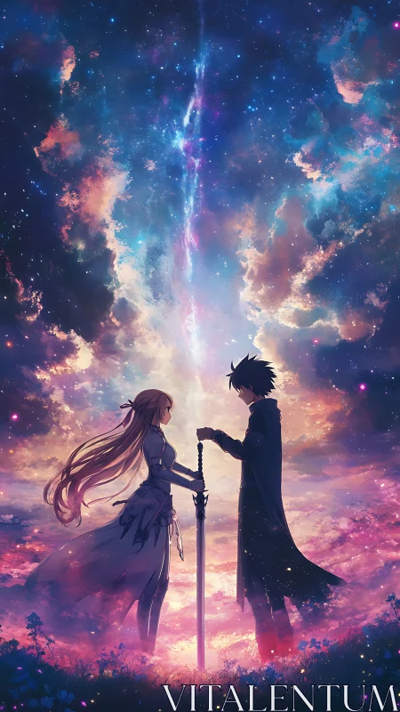 Dual silhouetted swordsman and swordswoman in luminous nebula sky