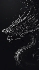 Monochrome dragon illustration with flowing scaled body.