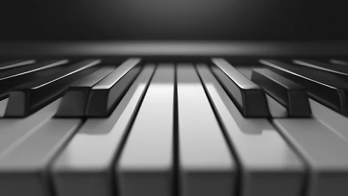 Shallow‑focus closeup isolates glossy piano keys in monochrome lighting