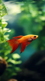 Orange betta fish with flowing fins in shallow depth-of-field aquascape