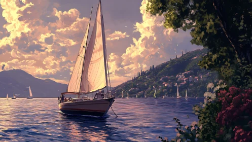 Sunlit sailboat cuts still bay below glowing coastal hills.