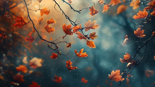 Golden autumn leaves drifting softly through blue dusk.