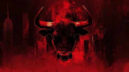 Bull head illustration over abstract red urban backdrop.