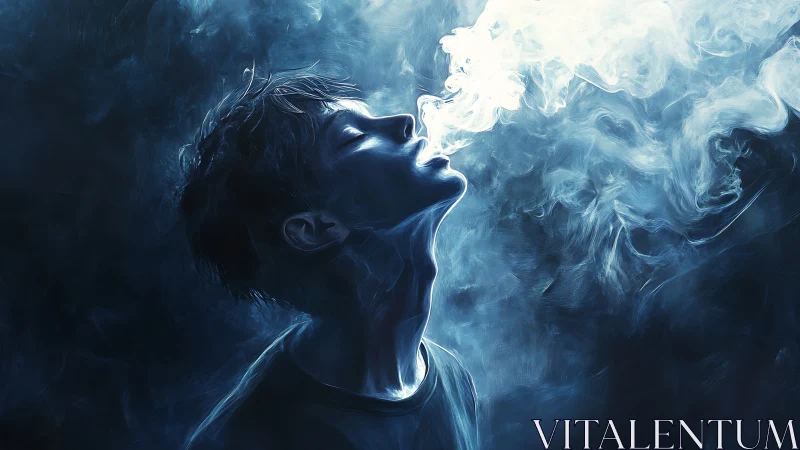 Blue-lit profile exhales swirling luminous smoke upward.