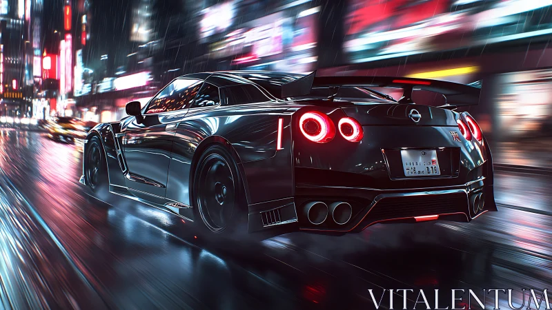 Midnight Nissan GT-R powers through neon soaked city streets.
