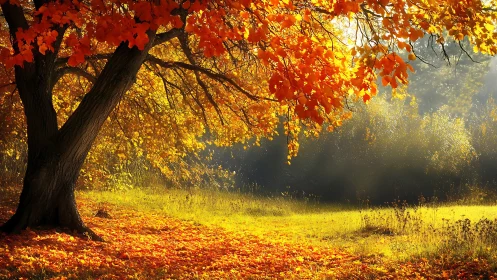 Sunlit autumn tree with golden leaves in quiet meadow.