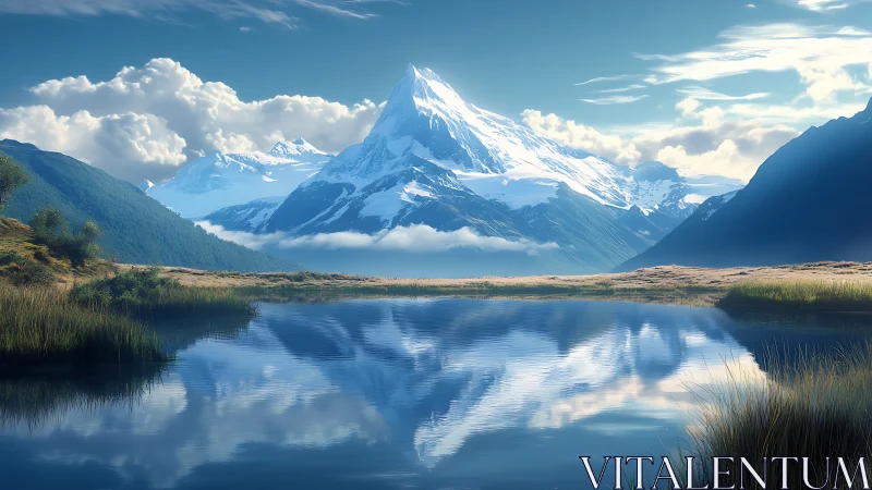 Snowcapped peak mirrored in tranquil alpine lake panorama.