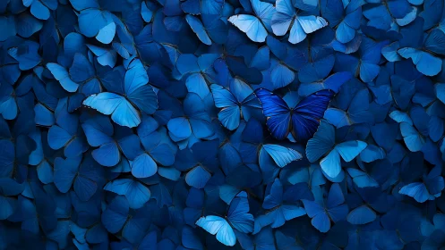 High-saturation monochrome cluster of blue butterflies emphasizes contrast