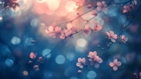 Pink Flowers Against Blue Background With Bokeh Effect.