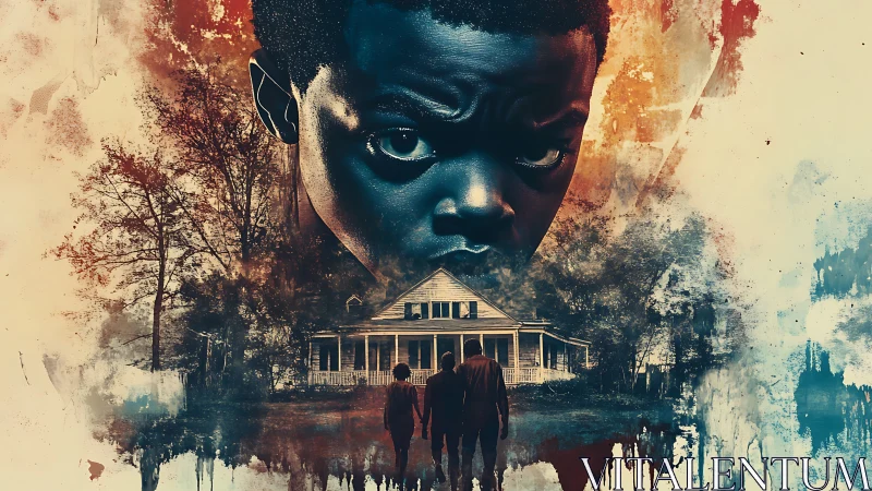 Brooding male portrait looms over rural house in horror tableau