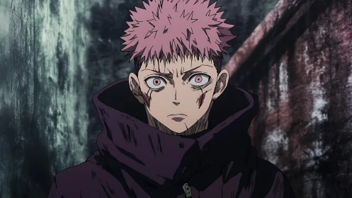 Intense pink haired fighter in dark alley confrontation.