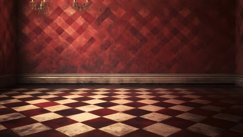 Empty red room with checkered floor and warm lighting.