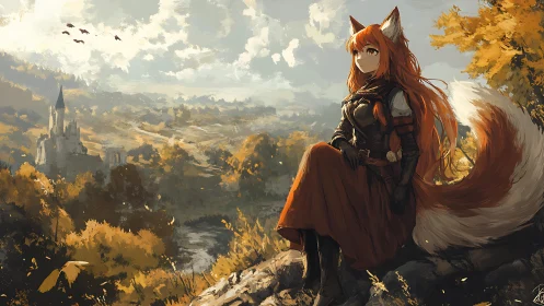 Fox-eared warrior rests above an autumn valley castle view.
