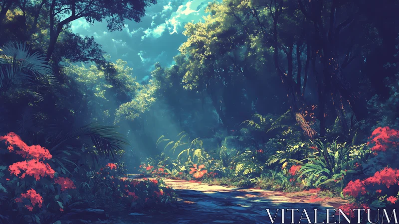 Luminous Forest Canyon with Vibrant Floral Gateway