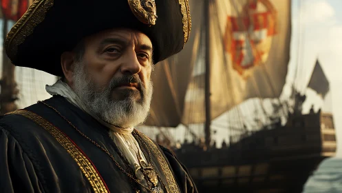 Sea captain in ornate uniform stands before sailing ship