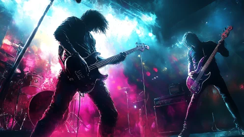 Dynamic rock concert with neon backlighting and motion-blur effects