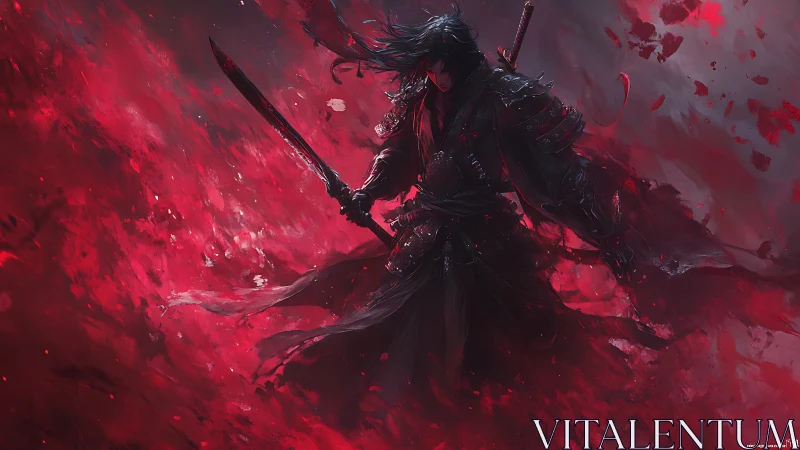 Dark armored swordsman amid red abstract energy field.
