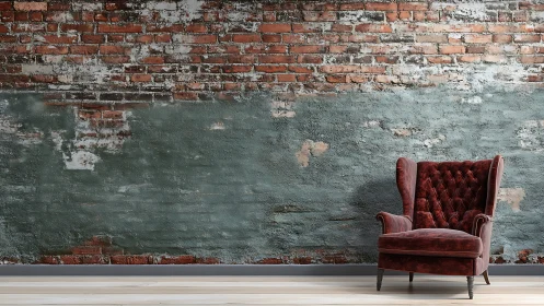 Vintage red armchair set against weathered brick wall.