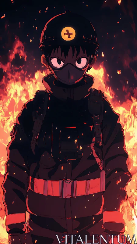 Anime firefighter in dark gear against intense flames