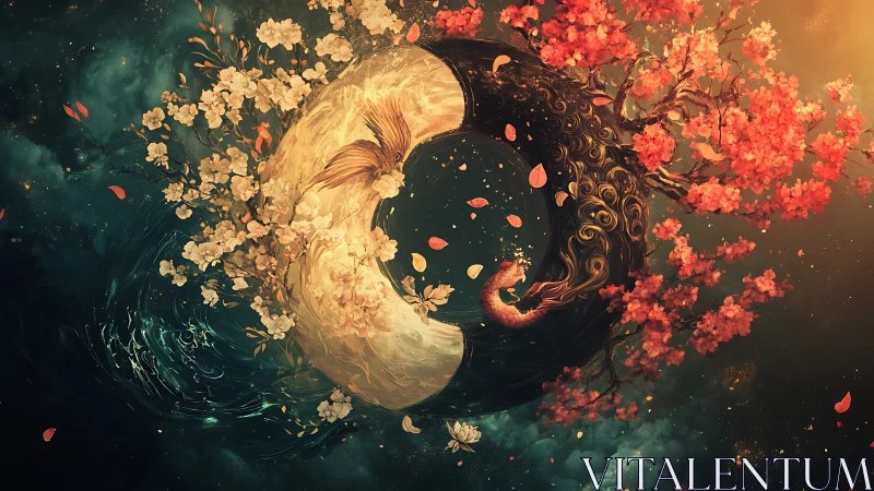 Yin yang ring with blossoms, koi and fox in cosmos.