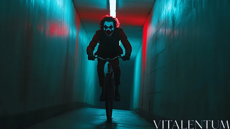 Cyclist with Clown Makeup in Neon-Lit Corridor