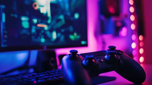 Cozy neon gaming setup ready for late night adventures.