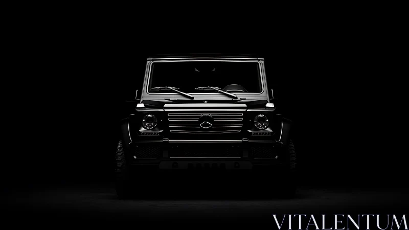 Front-facing luxury SUV emerging from deep shadowed black studio.