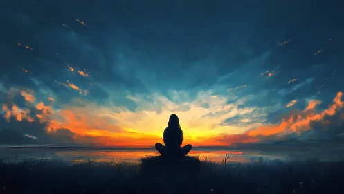 Silhouette observer in chromatic twilight sky composition.