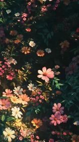 Night Garden: Vivid Flowers Blooming Against Dark Ground.