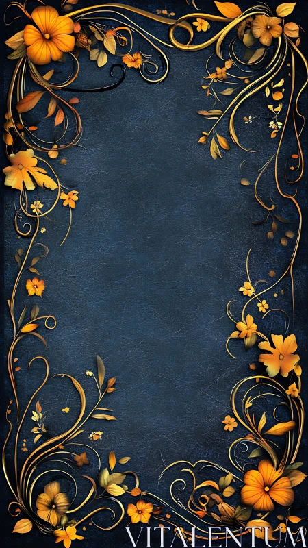 Ornamental frame with golden botanical flourishes on deep blue background.