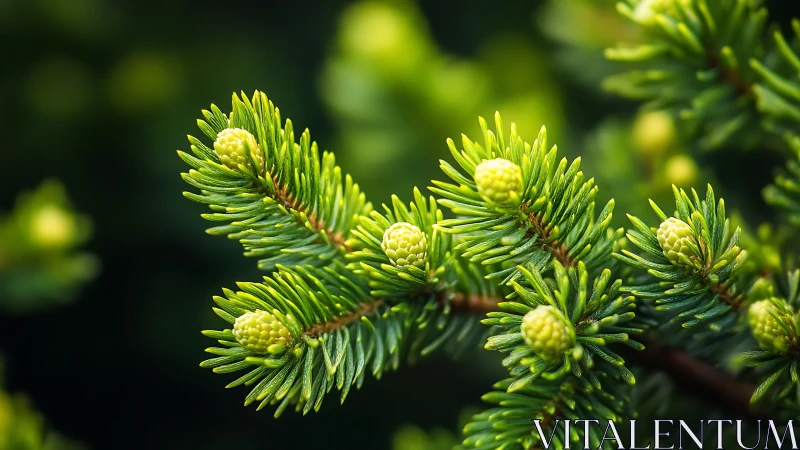 Evergreen fingertips cradling newborn cones in quiet glow.