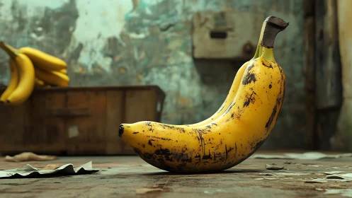 Photorealistic still life of a single banana on rustic floor.