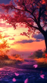 Sunset forest path under glowing pink autumn canopy.