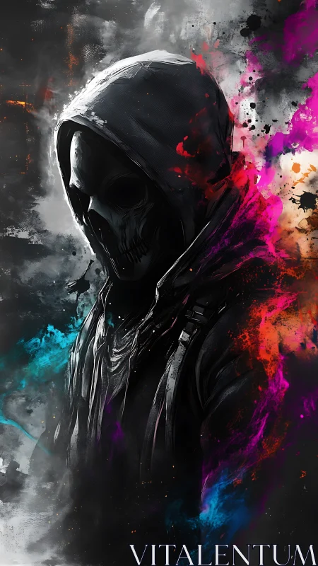 Hooded reaper strides through neon splashes of chaos.