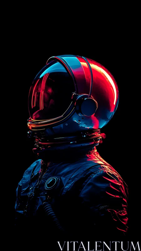 Radiant neon astronaut gazes into quiet cosmic darkness