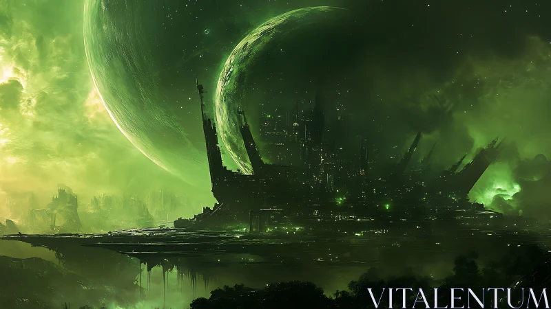 Emerald exoplanet citadel beneath twin luminous worlds.