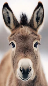 Close-up donkey portrait with soft winter background.