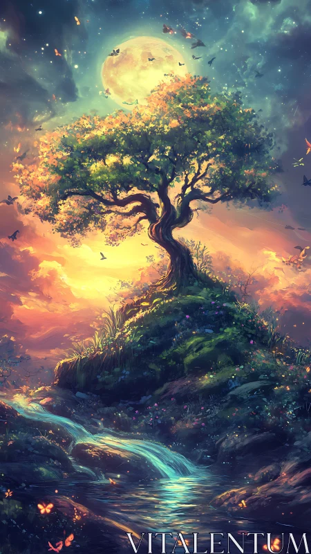 Moonlit tree stands on hill above stream in stylized landscape