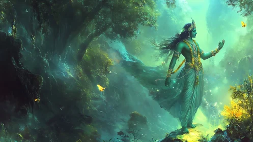 Divine forest deity in luminous emerald mistscape.