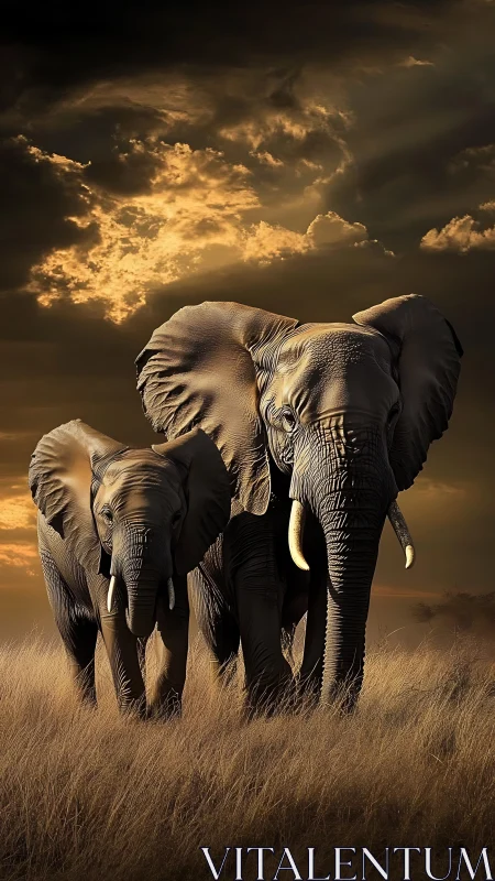 Gentle elephants walking home under a glowing savanna sky.