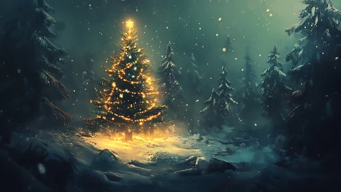 Glowing Christmas tree stands in snowy winter forest at night.