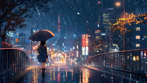 Umbrella girl crossing neon rain above sleepless city streets.
