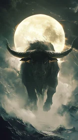 Bull silhouette advances before a full moon in dense fog